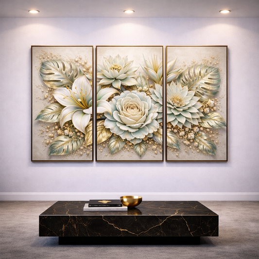 Tríptico Floral Elegancia Dorada – MEDIDA 120*70 CM